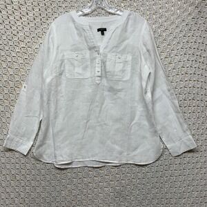 Talbots 100%linen Top Shirt blouse Women M Petite V Neck Roll Tab Pockets Button